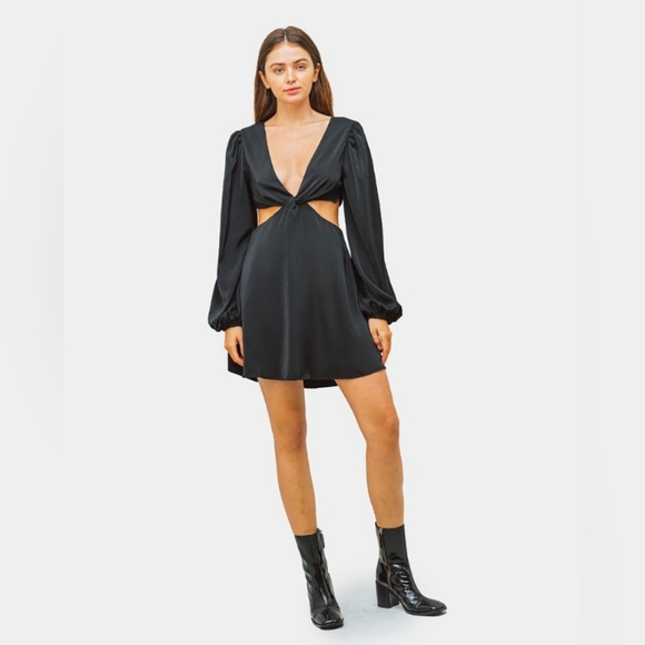 Emory Park | Black Balloon Sleeve Maddie Cut-Out Front-Twist Dress | L | NWT - Picture 2 of 8
